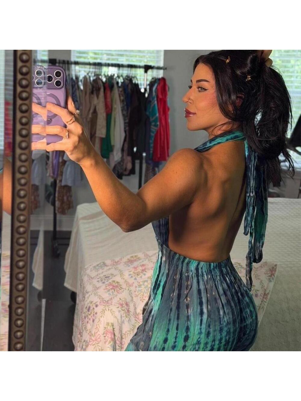 Boho tie-dye halter jumpsuit in  teal + charcoal tones